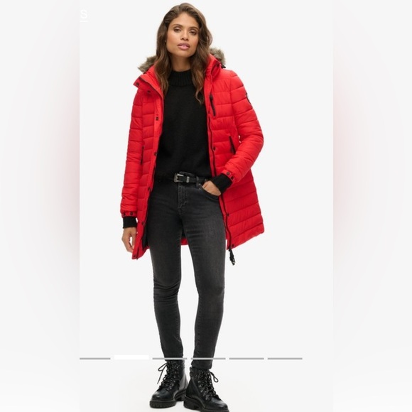 Super dry Faux Fur Hooded Mid Length Puffer Jacket size 8 - Picture 3 of 15